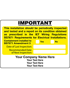 Personalised BS7671 Amendment 3 Periodic Inspection Labels 95x65mm